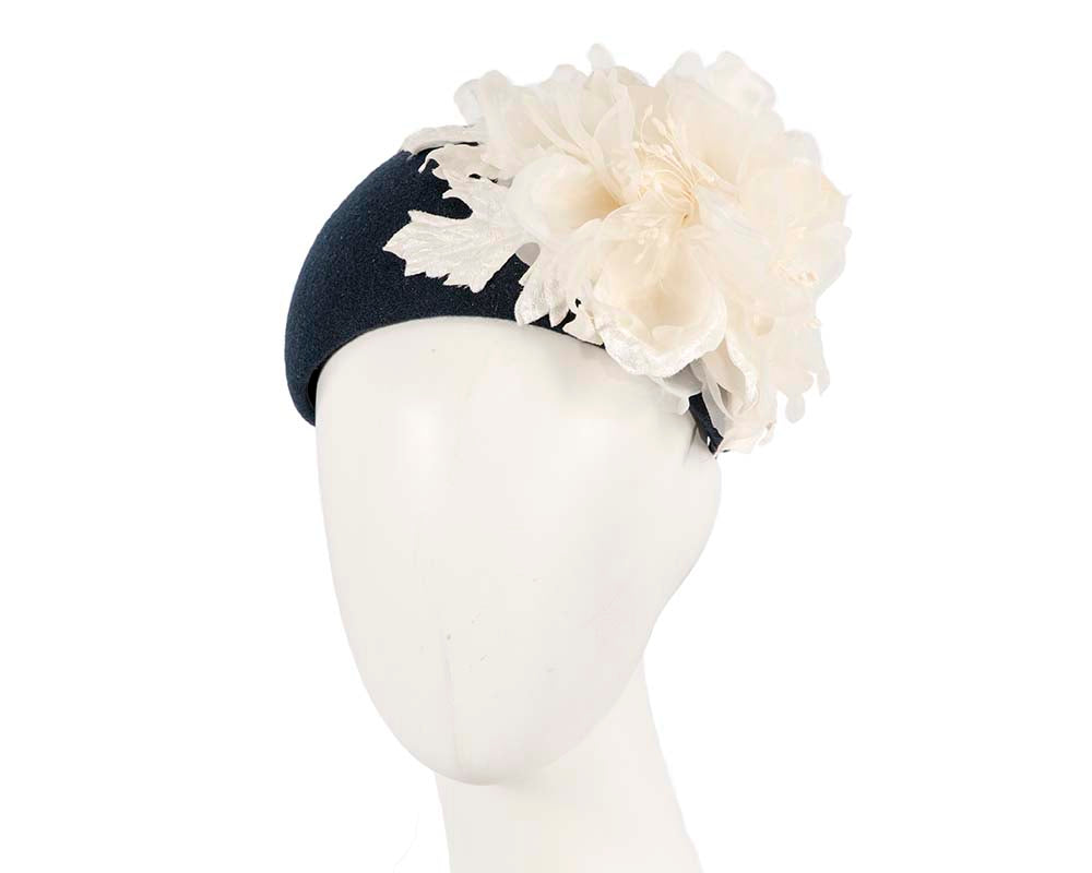 Wide navy headband with cream silk flower-0