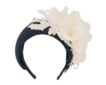 Wide navy headband with cream silk flower-1