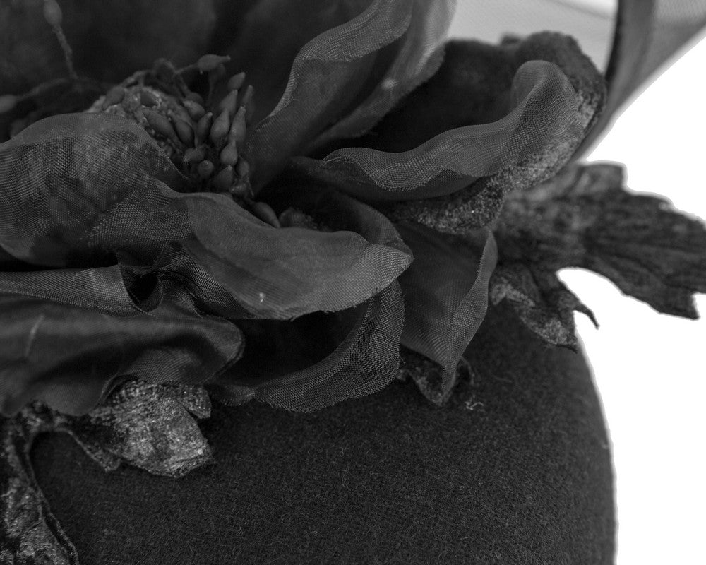 Black winter pillbox fascinator with flower