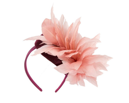 Burgundy & pink feather winter facing fascinator