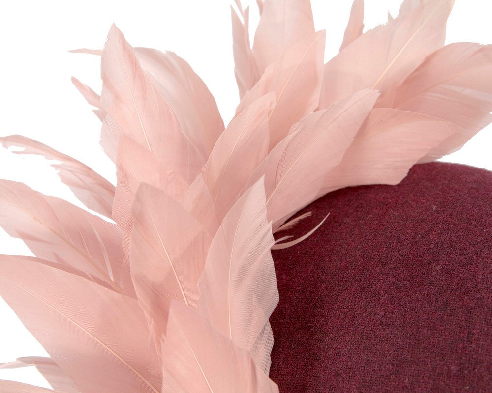 Burgundy & pink feather winter facing fascinator