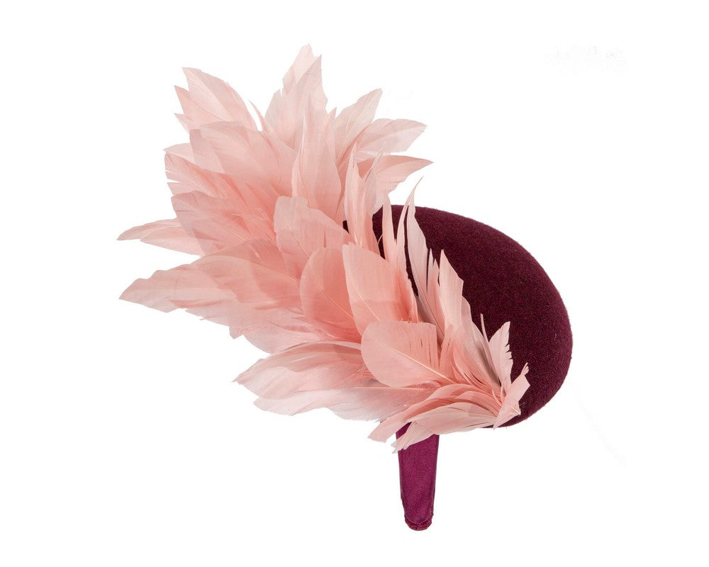 Burgundy & pink feather winter facing fascinator