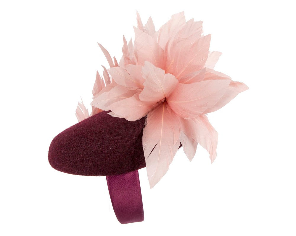 Burgundy & pink feather winter facing fascinator