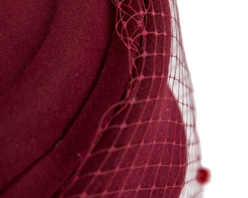 Large burgundy beret hat with face veil by Fillies Collection
