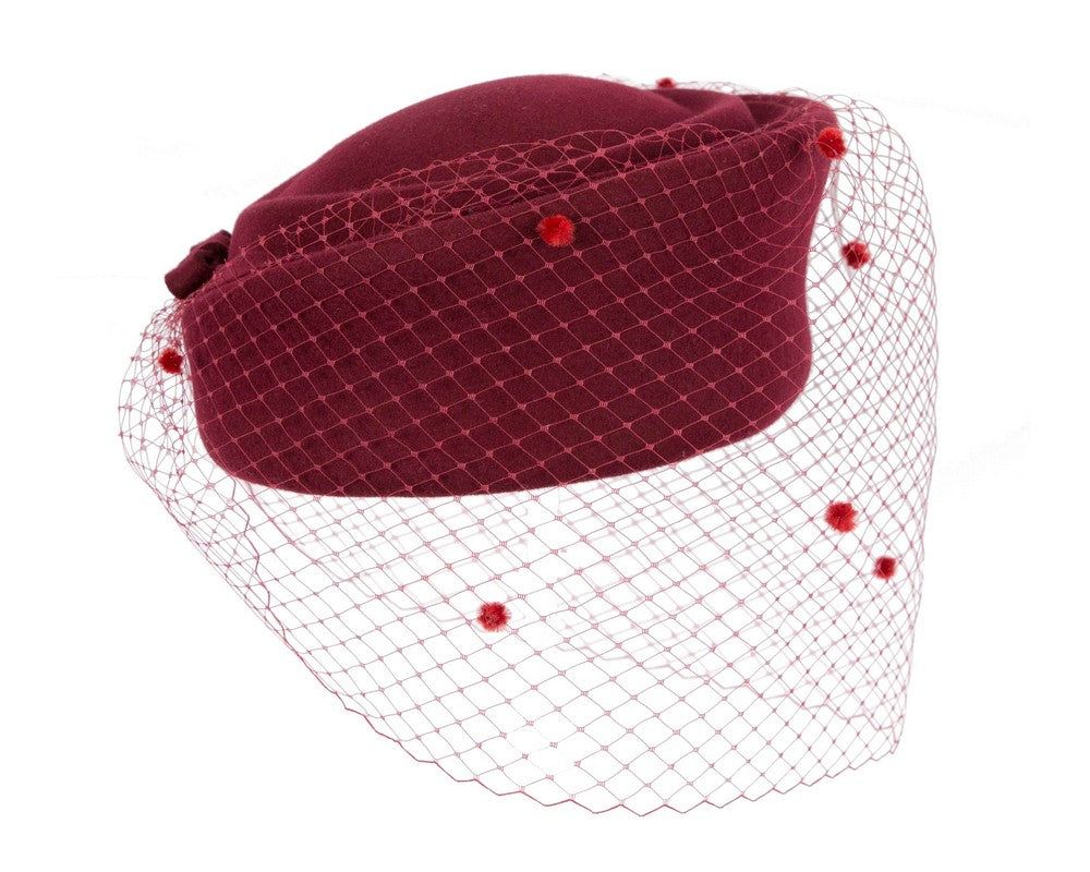 Large burgundy beret hat with face veil by Fillies Collection