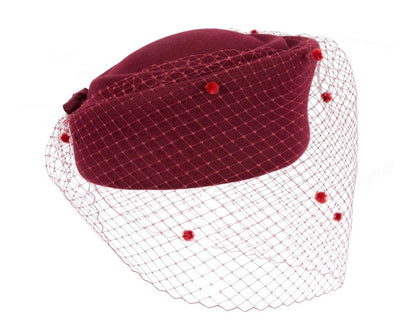 Large burgundy beret hat with face veil by Fillies Collection