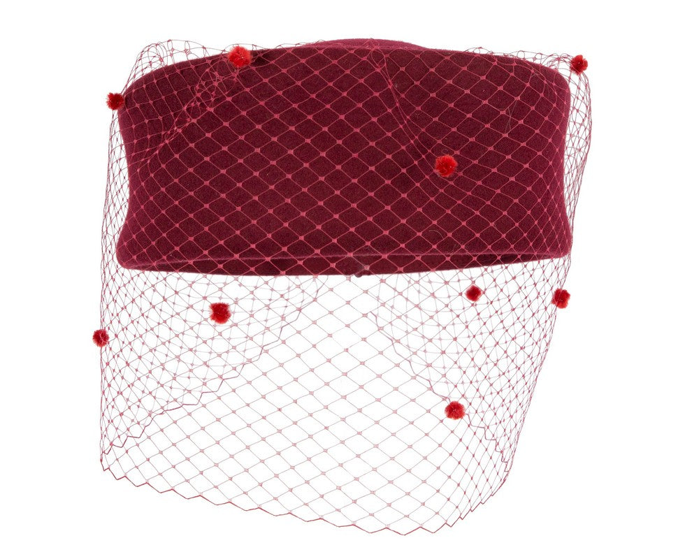 Large burgundy beret hat with face veil by Fillies Collection