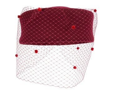Large burgundy beret hat with face veil by Fillies Collection