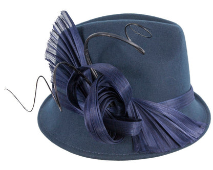 Navy ladies winter fashion felt fedora hat by Fillies Collection F686-3