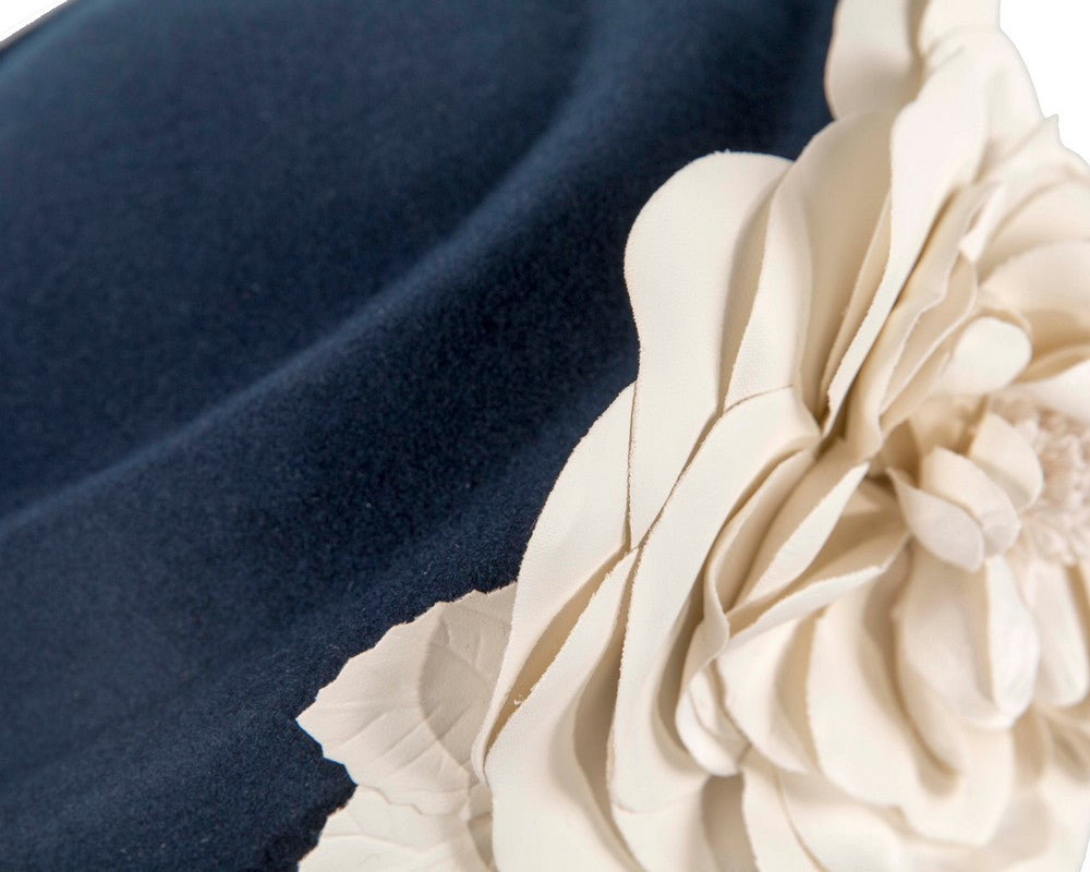 Large navy & cream felt beret with leather flower