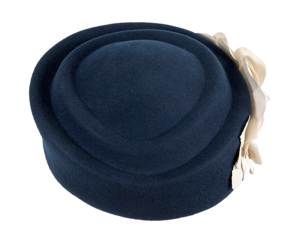 Large navy & cream felt beret with leather flower