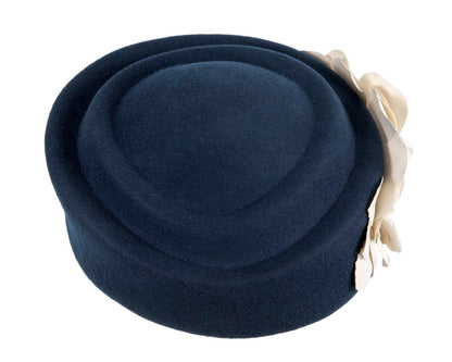 Large navy & cream felt beret with leather flower