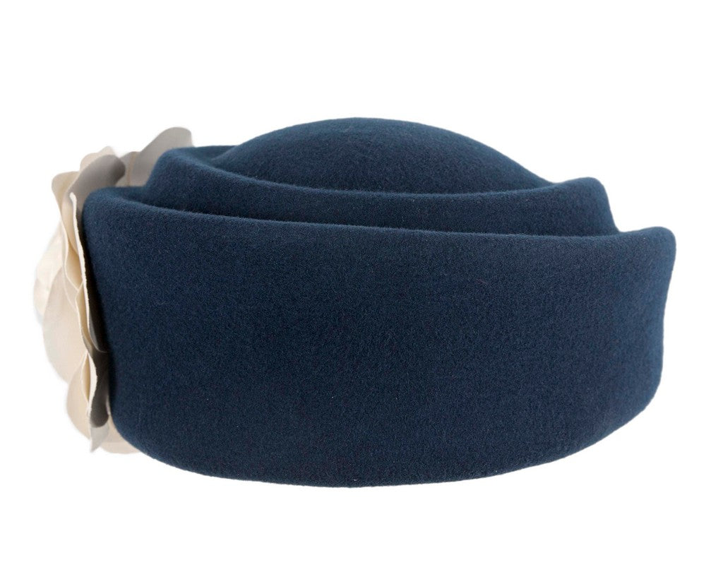 Large navy & cream felt beret with leather flower