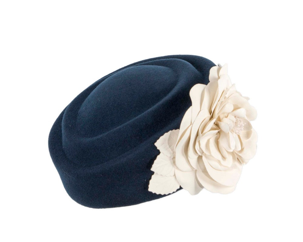 Large navy & cream felt beret with leather flower