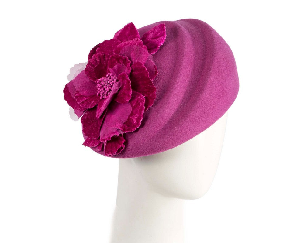 Fuchsia Wool Hat with Floral Accent - Winter Elegance-0
