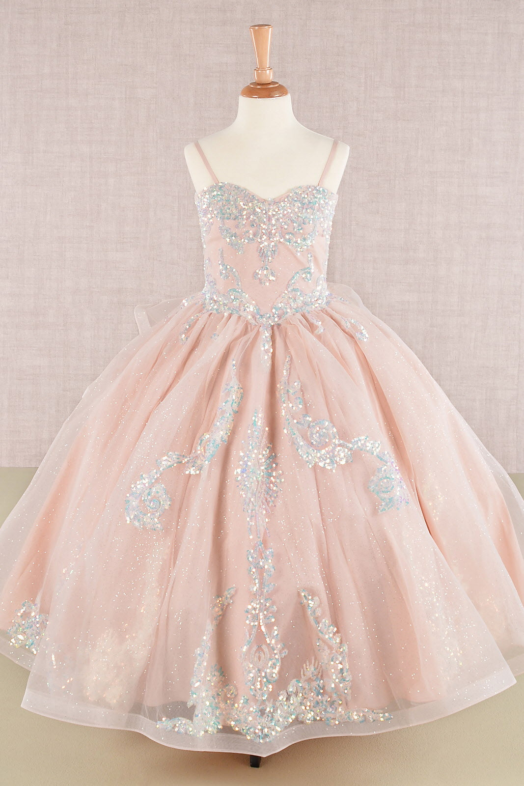 Spaghetti Strap Sequin Mesh with a Detachable Ribbon and Ruffled Back Skirt Quinceanera Kids Dress GLGK106