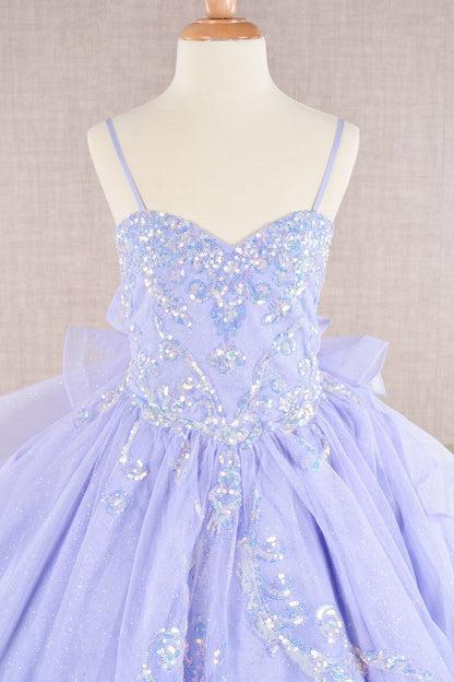 Spaghetti Strap Sequin Mesh with a Detachable Ribbon and Ruffled Back Skirt Quinceanera Kids Dress GLGK106
