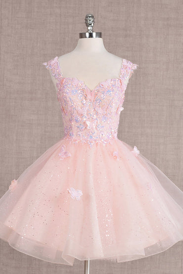 Butterfly Applique Sequin Mesh Babydoll w/ Sheer Straps Short Homecoming Dress GLGS3186-1