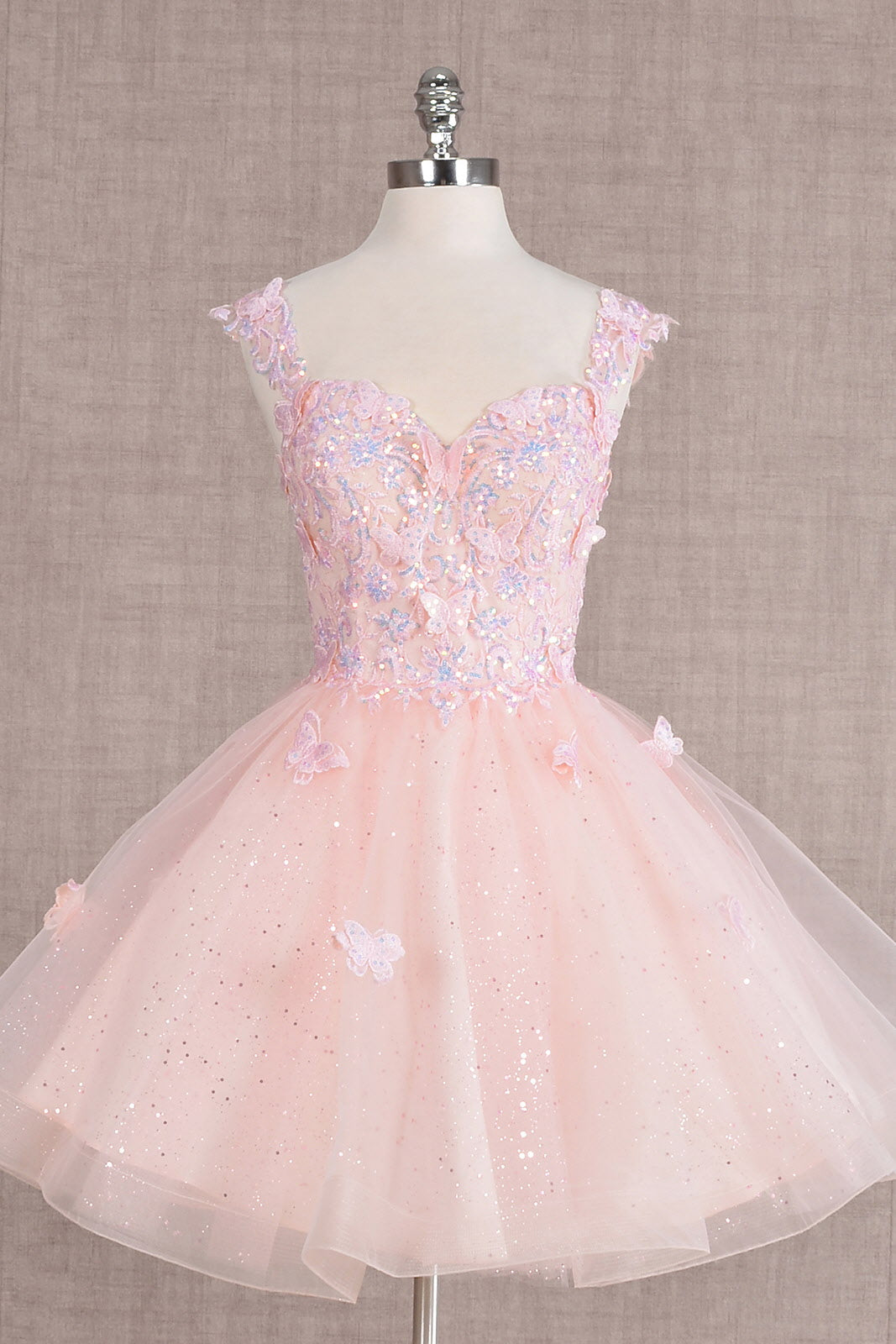 Butterfly Applique Sequin Mesh Babydoll w/ Sheer Straps Short Homecoming Dress GLGS3186-1