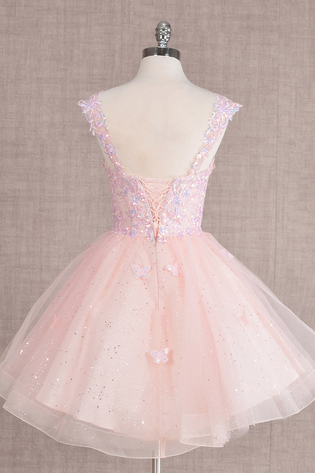 Butterfly Applique Sequin Mesh Babydoll w/ Sheer Straps Short Homecoming Dress GLGS3186-2