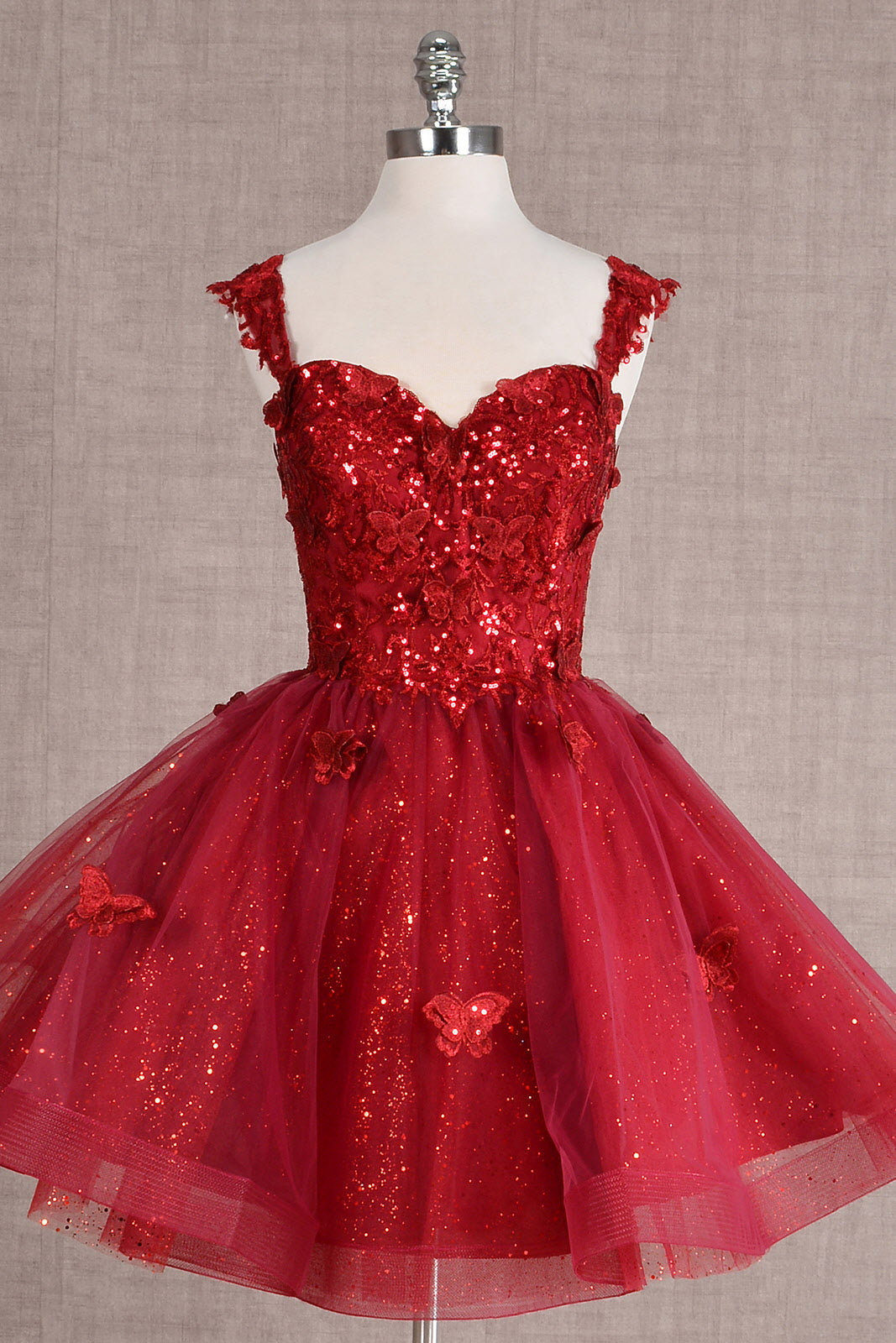 Butterfly Applique Sequin Mesh Babydoll w/ Sheer Straps Short Homecoming Dress GLGS3186-6