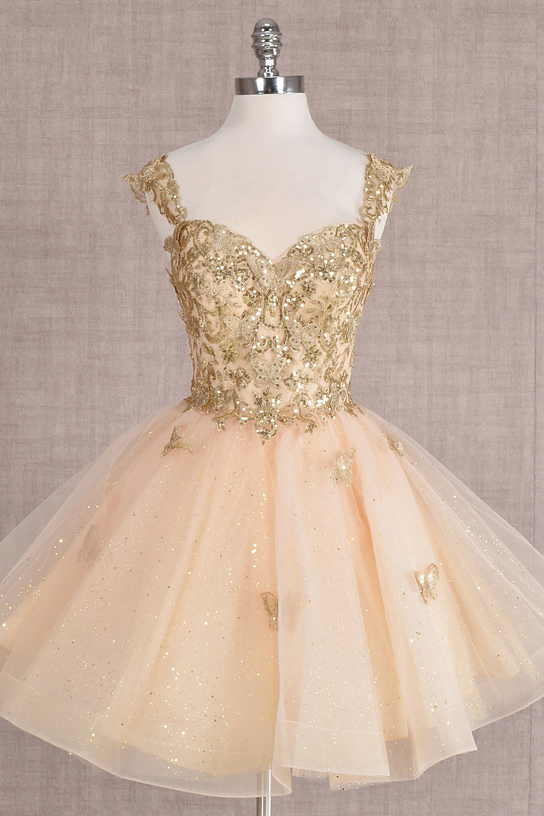 Butterfly Applique Sequin Mesh Babydoll w/ Sheer Straps Short Homecoming Dress GLGS3186-7