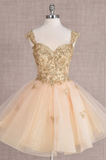 Butterfly Applique Sequin Mesh Babydoll w/ Sheer Straps Short Homecoming Dress GLGS3186-7