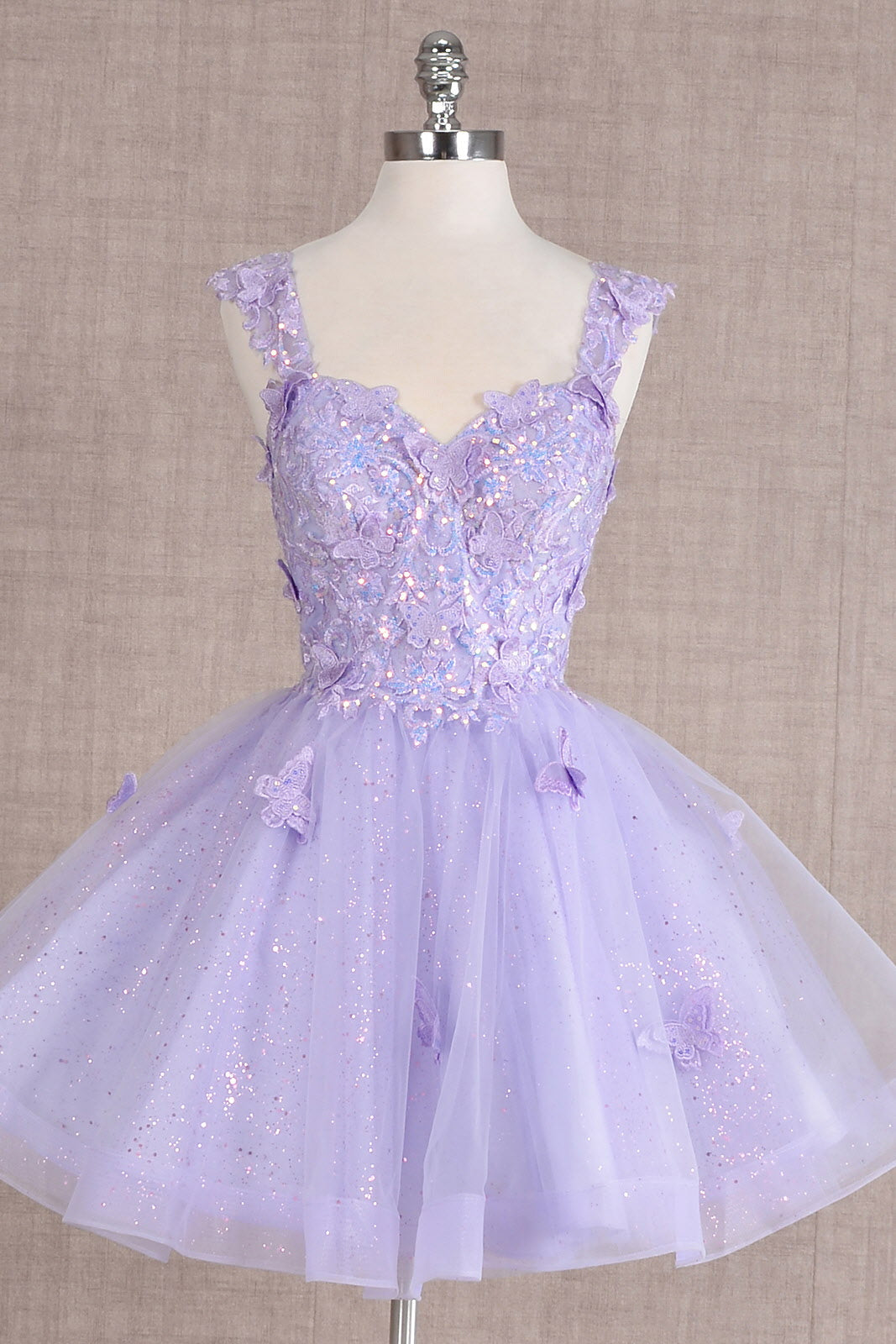 Butterfly Applique Sequin Mesh Babydoll w/ Sheer Straps Short Homecoming Dress GLGS3186-8