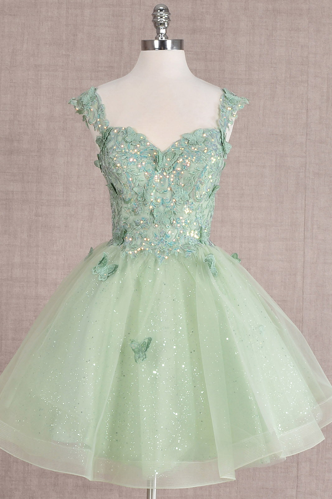 Butterfly Applique Sequin Mesh Babydoll w/ Sheer Straps Short Homecoming Dress GLGS3186-0