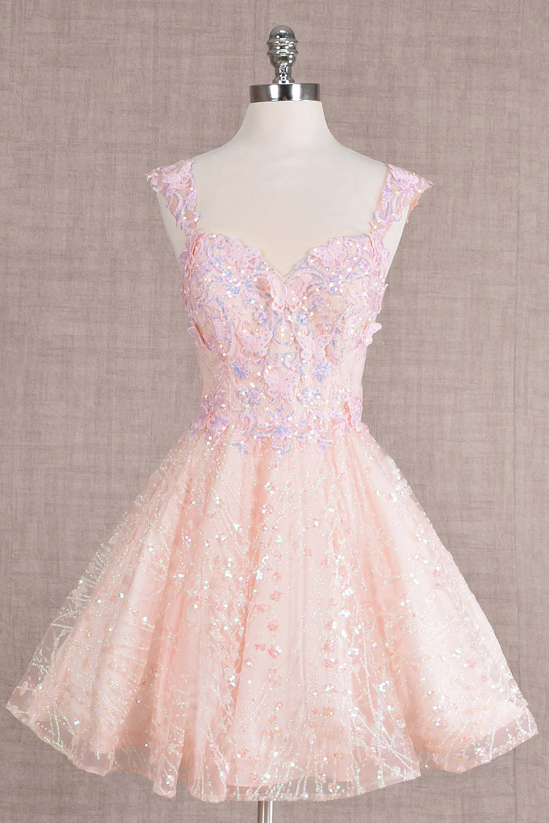 Butterfly Applique Mesh Babydoll w/ Detachable Side Mesh Drapes Short Homecoming Dress GLGS3187-5