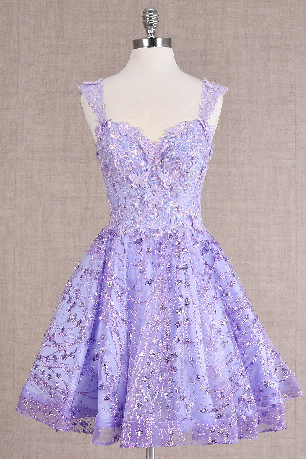 Butterfly Applique Mesh Babydoll w/ Detachable Side Mesh Drapes Short Homecoming Dress GLGS3187-7