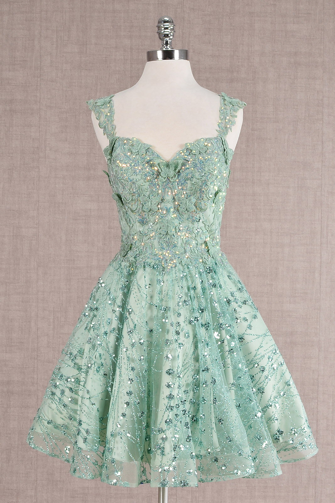 Butterfly Applique Mesh Babydoll w/ Detachable Side Mesh Drapes Short Homecoming Dress GLGS3187-8