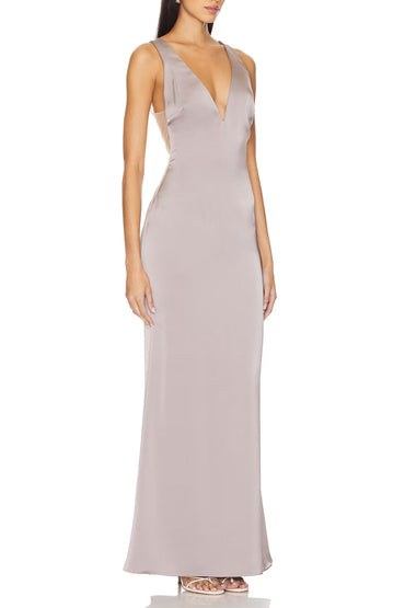 Katie May Plunging V-Neckline Hidden Zipper Skirt Back Slit Ruched Maxi Gown Dress-1