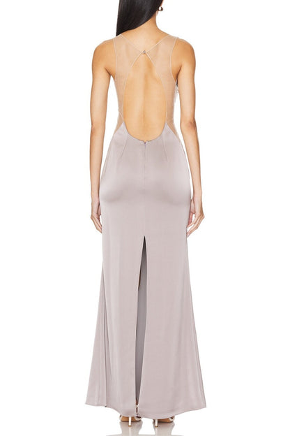Katie May Plunging V-Neckline Hidden Zipper Skirt Back Slit Ruched Maxi Gown Dress-3