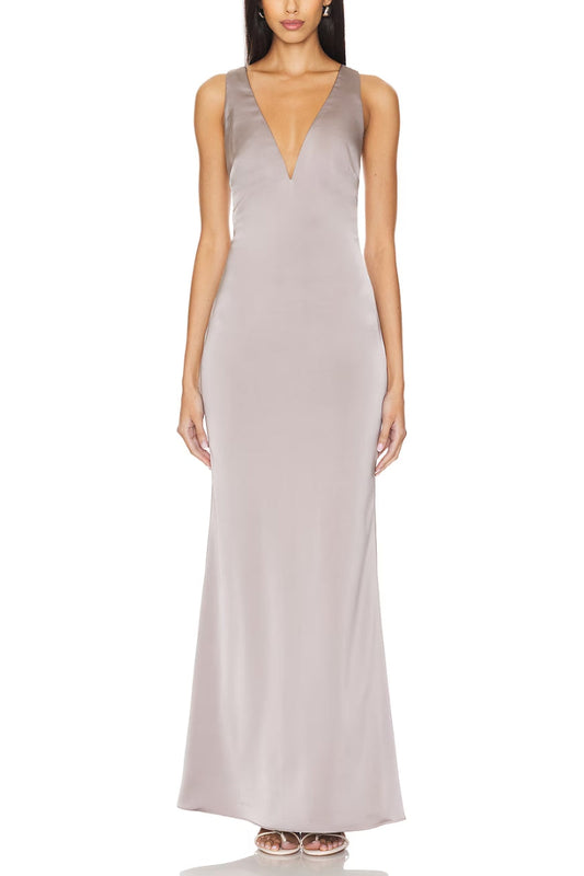 Katie May Plunging V-Neckline Hidden Zipper Skirt Back Slit Ruched Maxi Gown Dress-0