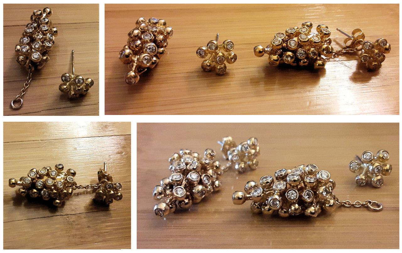 Grapes Drop Earrings- 2 parts-Detachable Stud. 18K Gold with diamonds