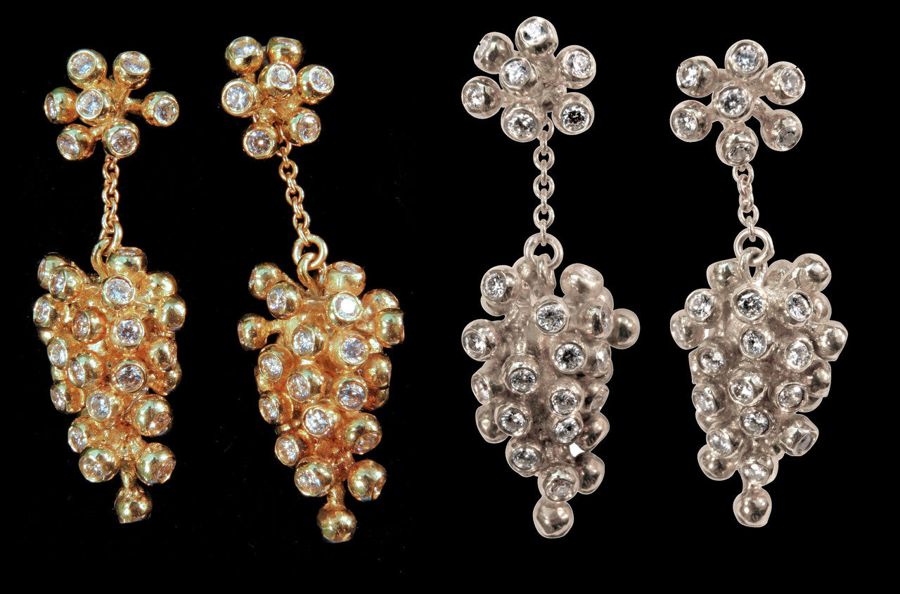 Grapes Drop Earrings- 2 parts-Detachable Stud. 18K Gold with diamonds