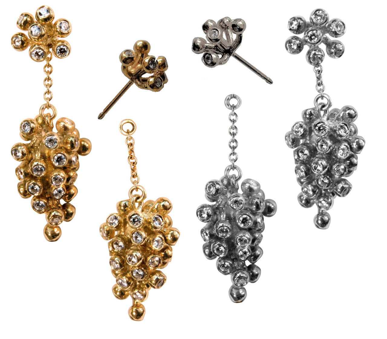 Grapes Drop Earrings- 2 parts-Detachable Stud. 18K Gold with diamonds