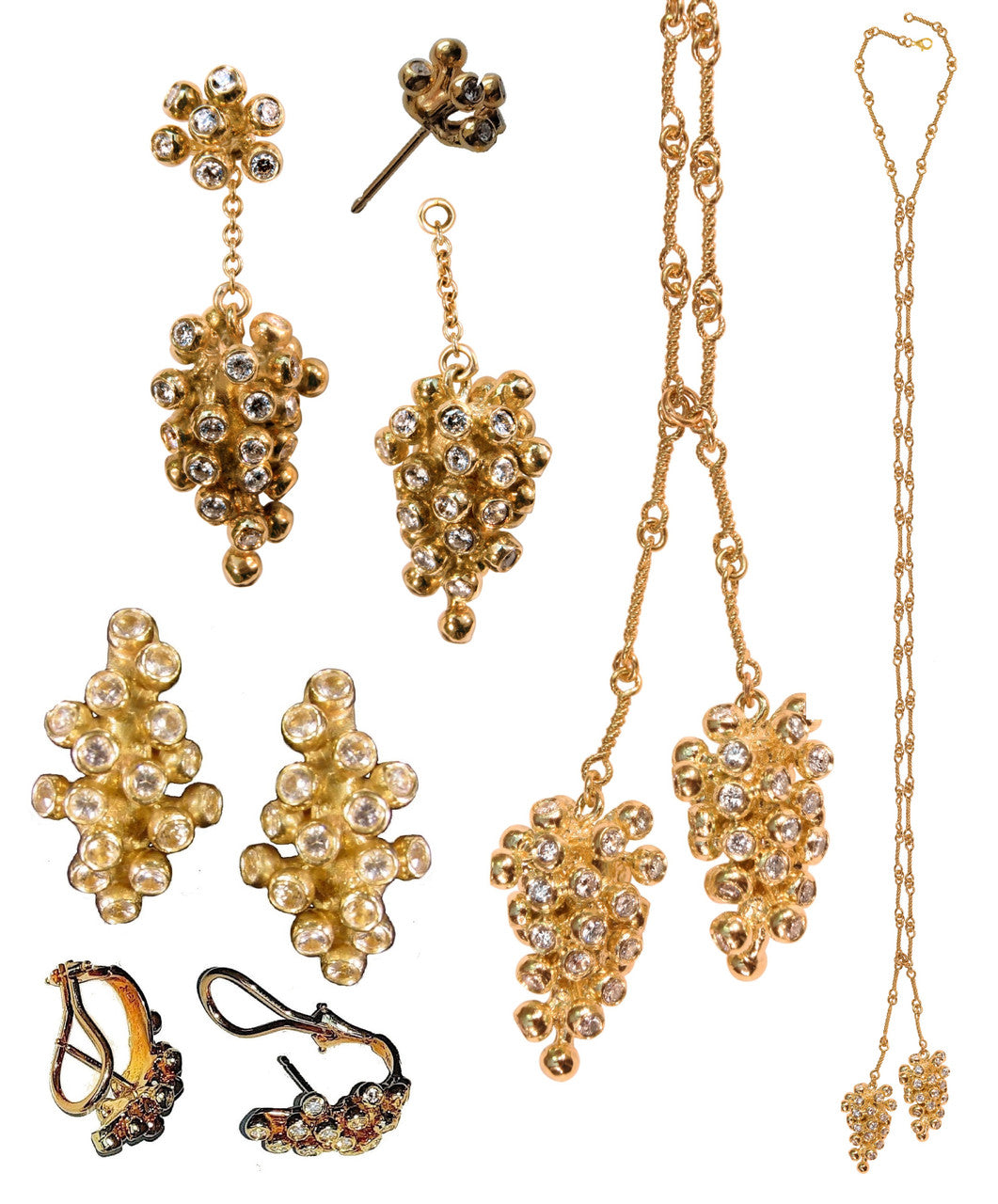 Grapes Necklace-18K Gold with Diamonds, Lariat Style on Hand-made Chain