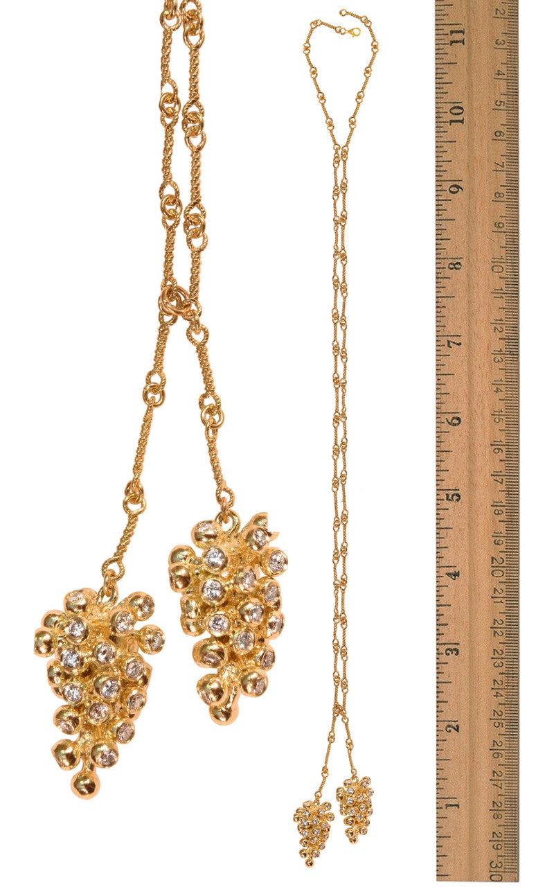 Grapes Necklace-18K Gold with Diamonds, Lariat Style on Hand-made Chain