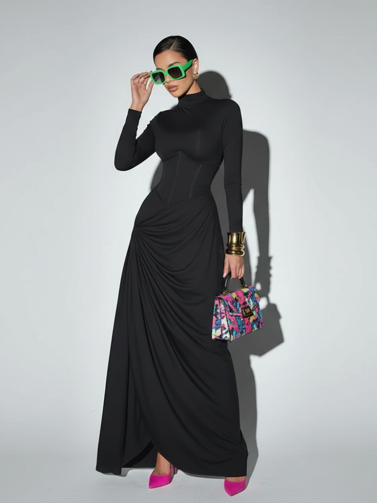 High Neck Waist-Cinched Slit Dress For Women, Elegant, Fifth Avenue, BYMANYC New York.-1