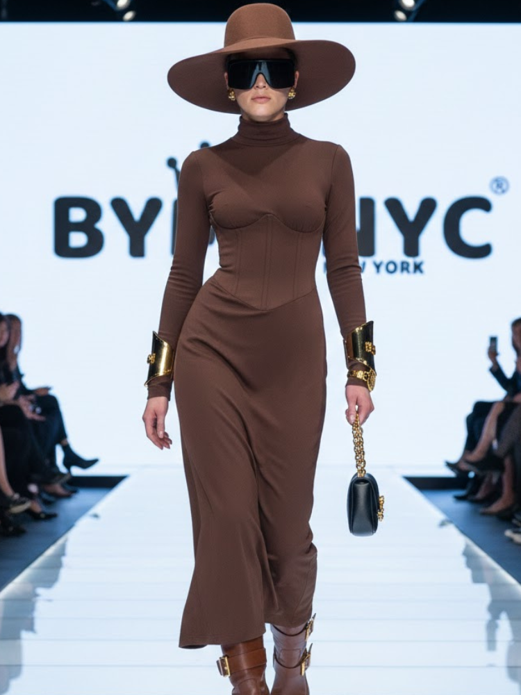 High Neck Waist-Cinched Slit Dress For Women, Elegant, Fifth Avenue, BYMANYC New York.-0