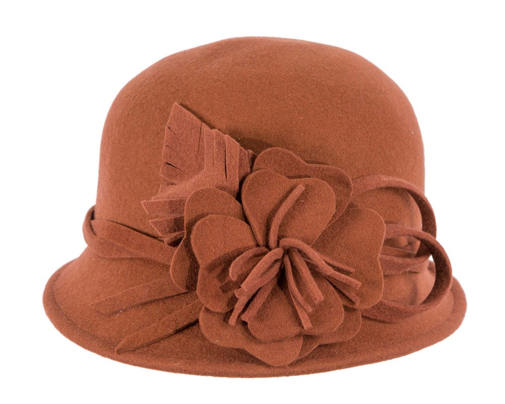 Rust felt winter hat with flower by Max Alexander