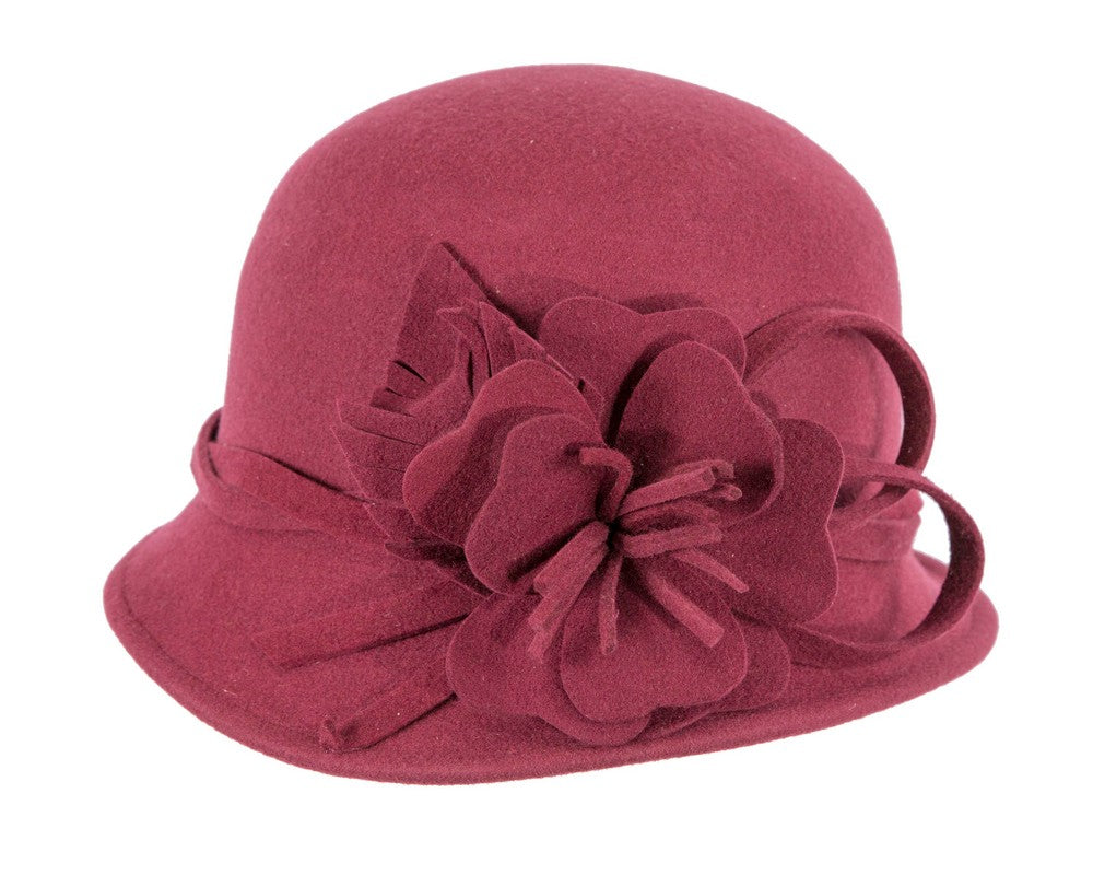 Burgundy felt winter hat with flower by Max Alexander-3