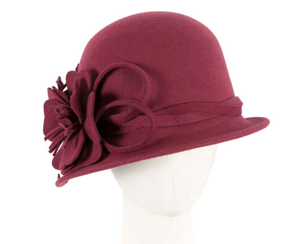 Burgundy felt winter hat with flower by Max Alexander-0