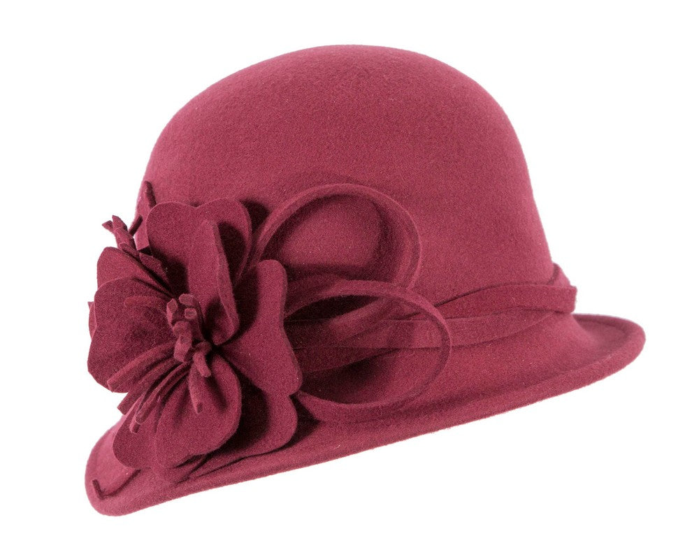 Burgundy felt winter hat with flower by Max Alexander-1