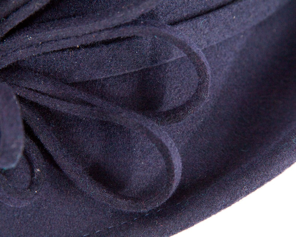 Navy felt winter hat with flower by Max Alexander