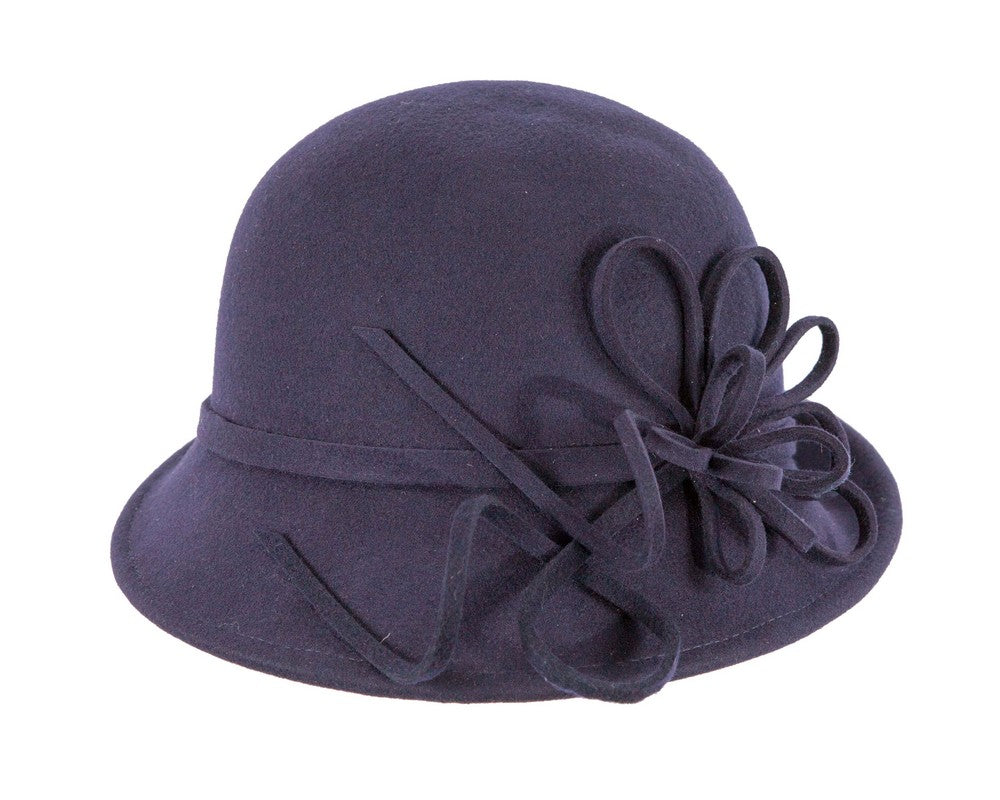 Navy felt winter hat with flower by Max Alexander