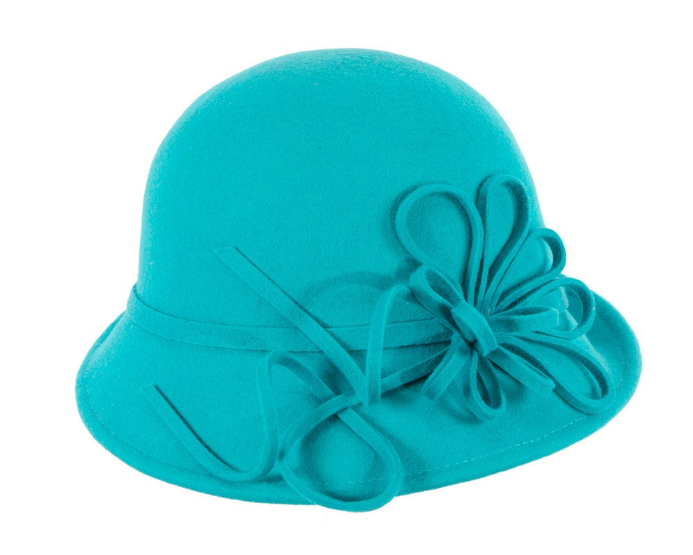 Turquoise felt winter hat with flower by Max Alexander-2