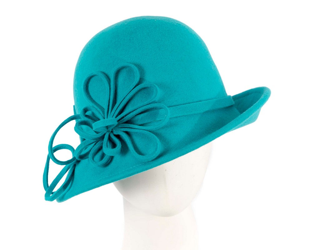 Turquoise felt winter hat with flower by Max Alexander-0